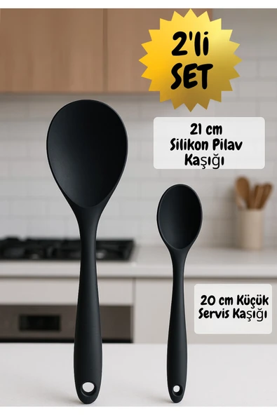 2’li Siyah Silikon Kaşık Seti - 21 cm Pilav Kaşığı + 20 cm Servis Kaşığı ürün görseli 1