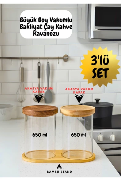 Akasya Vakum Kapaklı Cam Kavanoz 650 ml – Bambu Standlı Saklama Kabı ürün görseli 1