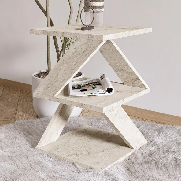 Albeni Z Tasarım 3 Katlı Minimalist Yan Sehpa – 7 Renk Seçeneği – Modern Sehpa  Bej ürün görseli 1