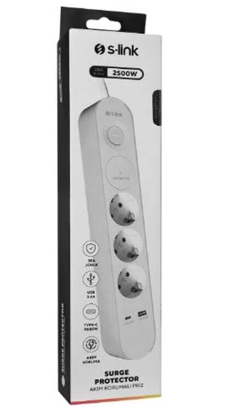 S-link SPG3-PD20  PD20W H05VV-F 3G1.0mm, 1.5m 3 lü 306 J Akım Korumalı Beyaz + Gri Priz ürün görseli 1