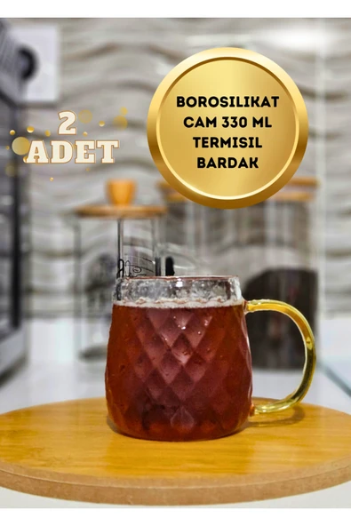 2 adet gold kulplu borosilikat ince cam kupa çay, nescafe, kahve sunum bardağı 330 ml ürün görseli 1