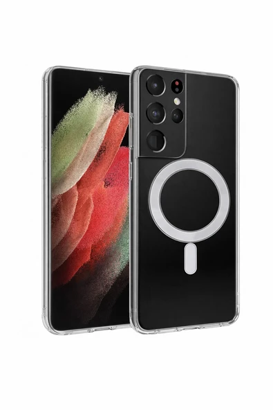 Samsung Galaxy S21 Ultra Uyumlu Kamera Korumalı Magsafe Wireless Şarj Özellikli Lüks Şeffaf Silikon Telefon Kılıfı ürün görseli 1