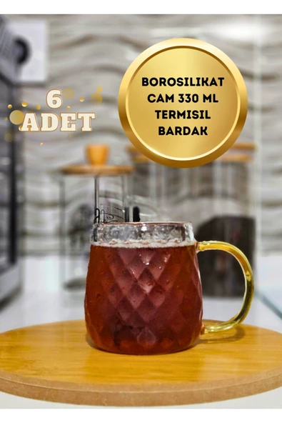 6 adet borosilikat ince cam termisil çay kahve sunum bardağı gold kulp 330 ml ürün görseli 1