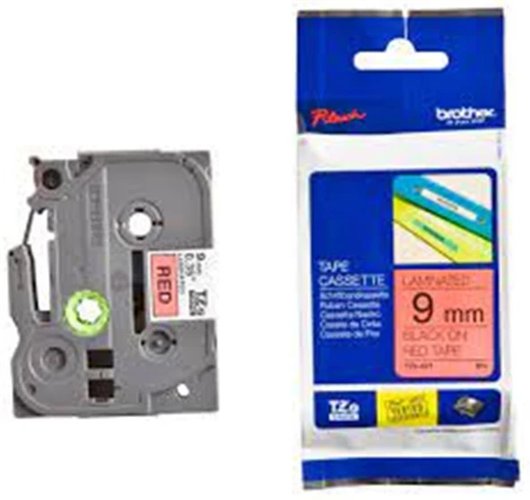 Brother TZE-421 9 mm Kırmızı Üzeri Siyah Laminasyonlu Etiket ürün görseli 1