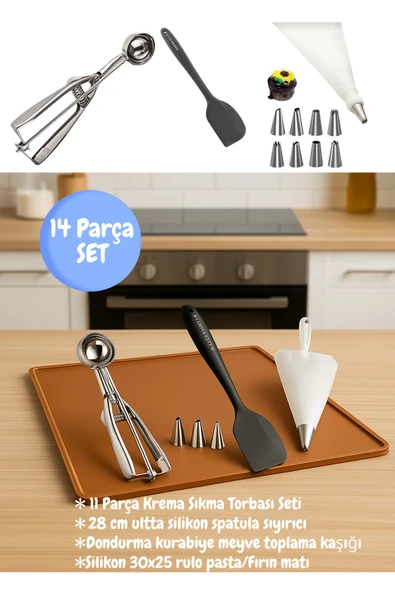 14 Parça Pasta ve Kurabiye Seti – Krema Torbası + Spatula + Dondurma Kaşığı + Silikon Fırın Matı ürün görseli 1