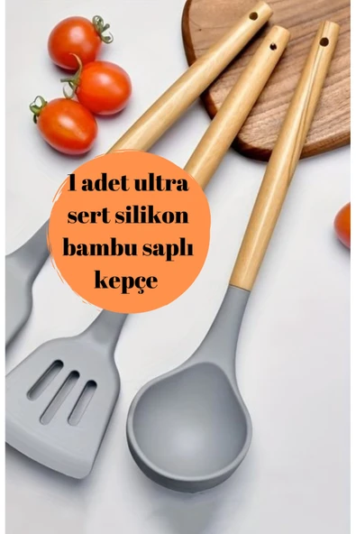 1 adet bambu saplı ultra sert uçlu silikon yemek çorba kepçesi ürün görseli 1