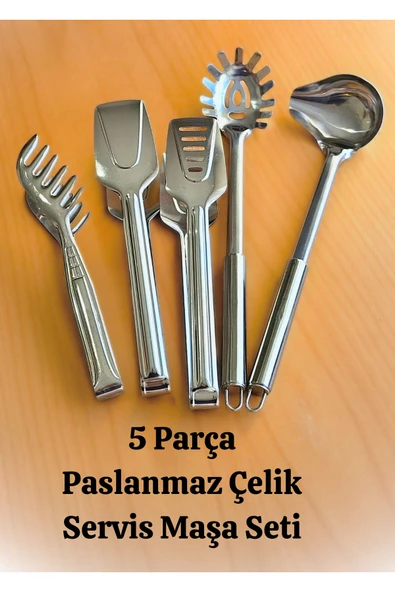 5 parça paslanmaz çelik servis maşa seti sos kepçesi makarna kepçesi ürün görseli 1