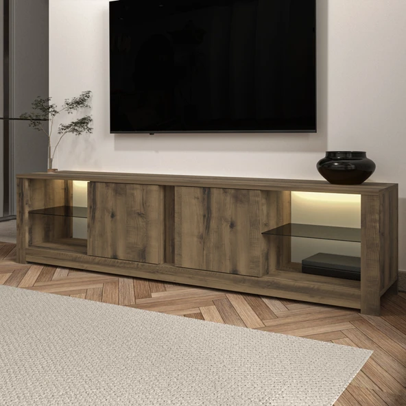 Aydos LED Işıklı Modern TV Sehpası – Cam Raflı, 2 Kapaklı, 180 cm  Antik Ceviz ürün görseli 1
