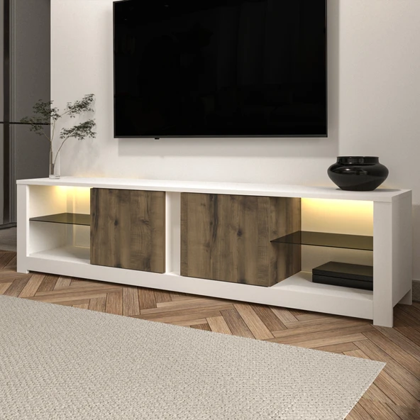 Aydos LED Işıklı Modern TV Sehpası – Cam Raflı, 2 Kapaklı, 180 cm  Beyaz/Antik Ceviz ürün görseli 1