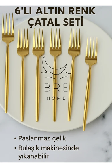 6 adet paslanmaz çelik gold titanyum kaplama yemek çatalı ürün görseli 1