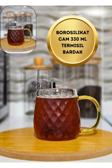 Isıya Dayanıklı Borosilikat Termisil Cam Geometrik Desen Kupa Bardak 330 ml ürün görseli 1
