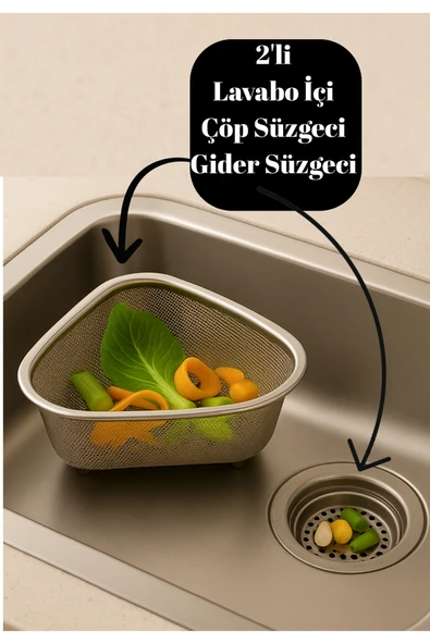 2’li Paslanmaz Çelik Lavabo İçi Çöp Süzgeci & Gider Süzgeci – Tıkanıklık Önleyici ürün görseli 1