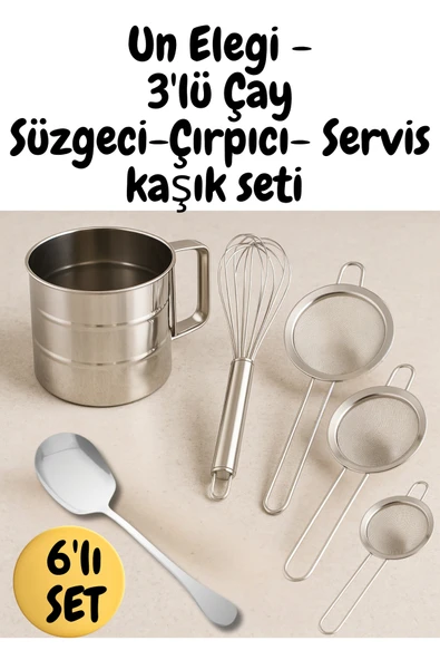 6'lı Paslanmaz Çelik Mutfak Seti Un Eleği, Çırpıcı, Süzgeç, Servis Kaşığı ürün görseli 1