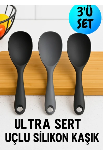 3’lü Siyah-gri Silikon Kaşık Seti – 20 Cm Ultra Sert Uçlu, Isıya Dayanıklı Pilav Kaşığı ürün görseli 1