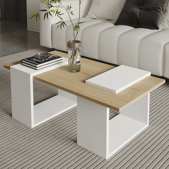 Matris Modern Orta Sehpa – Geometrik Tasarım ve Şık Detaylar  Beyaz/Safir Meşe ürün görseli 1