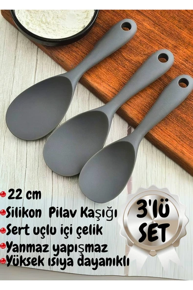 3'lü Ultra Sert Uçlu Isıya Dayanıklı Yanmaz Yapışmaz Silikon Kaşık Seti Gri Renk ürün görseli 1