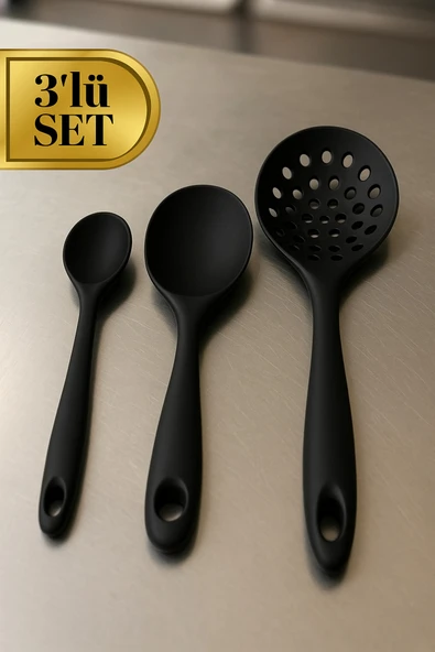 3’lü Silikon Kaşık Seti – Pilav Kaşığı, Servis Kaşığı ve Delikli Kepçe | Isıya Dayanıklı Premium Set ürün görseli 1
