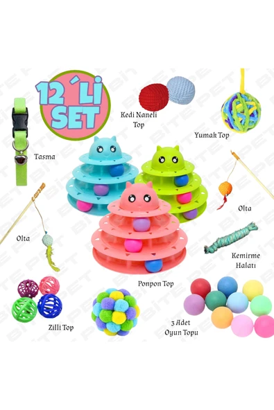 bite pet 11 1 Kedi Oyuncaklıtu Seti:3 Katlı Oyuncak 60 Cm Olta Ponpon Top Kedi Naneli Top ürün görseli 1