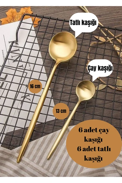 12 Adet lüx gold altın renk paslanmaz çelik çay kaşığı ve tatlı kaşığı seti yuvarlak form ürün görseli 1