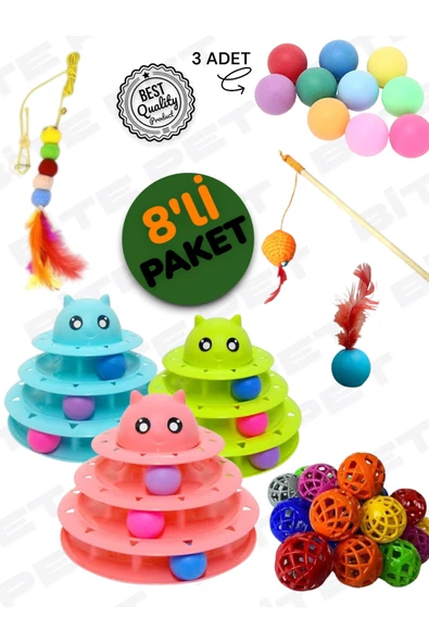 bite pet 8'Lİ OYUN SETİ: YAPIŞKAN OLTA+3 KATLI KEDİ OYUNCAĞI+TÜYLÜ TOP+KEDİ OLTASI+ZİLLİ TOP+ 3ADET OYUN TOPU ürün görseli 1