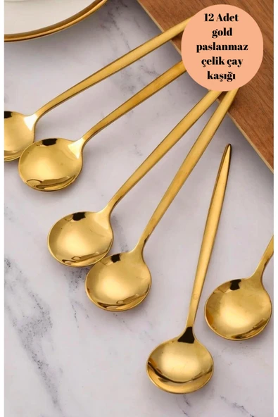 12 Adet gold altın parlak titanyum paslanmaz çelik çay nescafe kahve kaşığı 13 cm ürün görseli 1