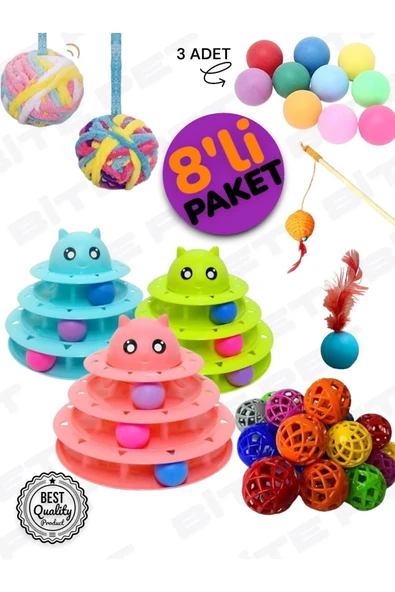 bite pet 8'Lİ OYUN SETİ: 3 KATLI KEDİ OYUNCAĞI+TÜYLÜ TOP+KEDİ OLTASI+YUMAK TOP+ZİLLİ TOP+ 3 ADET OYUN TOPU ürün görseli 1