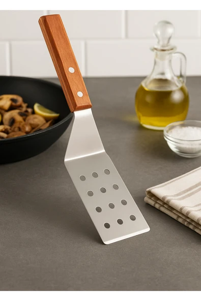 Ahşap saplı paslanmaz çelik kek pasta mangal spatulası ürün görseli 1