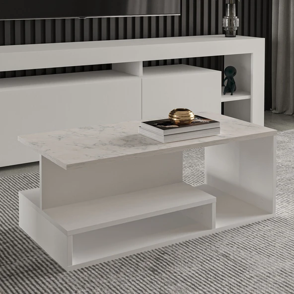 Vera Mini Orta Sehpa – Modern Tasarım, Fonksiyonel Raflı Yapı  Beyaz/Beyaz Mermer ürün görseli 1