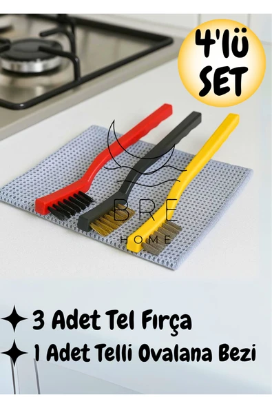 3'lü Tel Fırça + 1 Adet İnox Telli Çift Taraflı Bulaşık Ovalama Bezi Temizlik Seti ürün görseli 1
