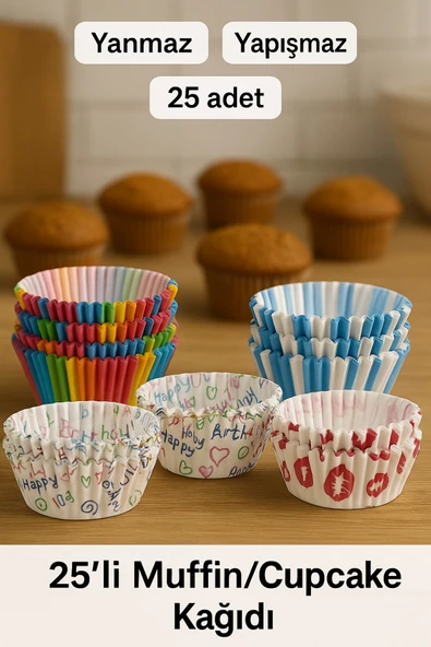 "25’li Muffin Cupcake Kağıdı – Yanmaz Yapışmaz Renkli Kek Kalıbı Desenli Cupcake Kapları" ürün görseli 1