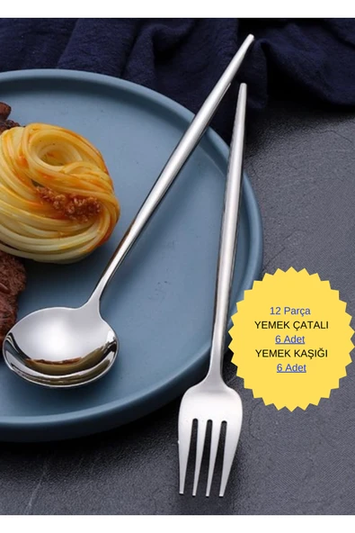 12 parça gümüş  paslanmaz çelik yemek kaşık çatal seti ürün görseli 1