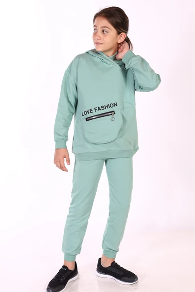 Toontoy Kız Çocuk 2'li Takım Baskılı Kapüşonlu Torba Cepli Asimetrik Sweatshirt & Beli Paçası Lastikli Cepli Jogger Eşofman Altı - 2 İpilk ürün görseli 1