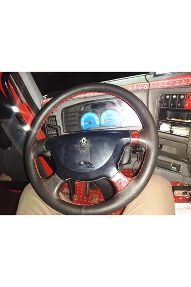 DİKİŞLİ DİREKSİYON KILIFI SİYAH DERİ KIRMIZI DİKİŞLİ RENAULT PREMİUM TIR KAMYON İÇİN HIZLI KARGO ürün görseli 1