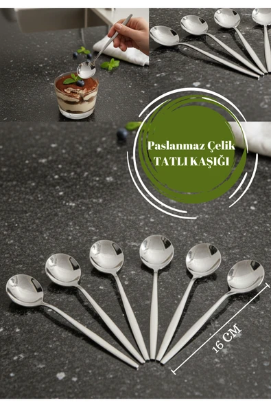 6'lı Gümüş Yuvarlak Form Tatlı Kaşığı 14 Cm Uzunluk 18/10 Çelik ürün görseli 1