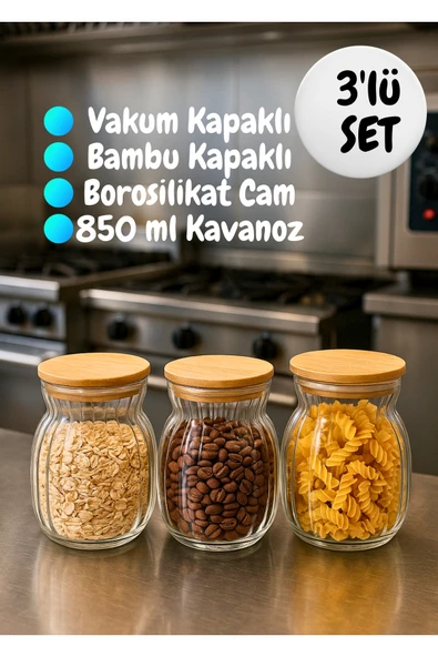 3’lü Cam Kavanoz Seti – Bambu Kapaklı, Sızdırmaz, Mutfak Saklama Kabı 850 ml ürün görseli 1
