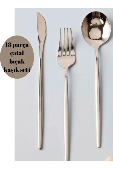 18 Parça 6 Kişilik Gümüş Renk Yuvarlak Form Kaşık Çatal Bıçak Kaşık Seti ürün görseli 1