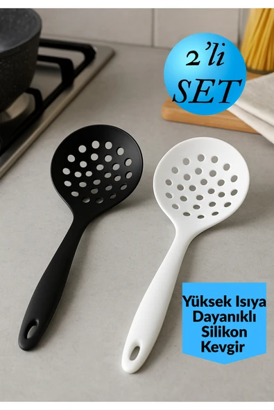 2’li Silikon Kevgir Seti – Yüksek Isıya Dayanıklı, Yanmaz Yapışmaz Delikli Kevgir, Siyah & Beyaz ürün görseli 1