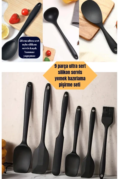 9 parça sert uçlu silikon servis pilav kepçe silikon spatula seti Yanmaz yapışmaz ısıya dayanıklı ürün görseli 1