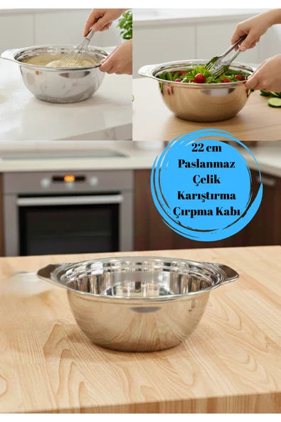 22 cm Paslanmaz Çelik Karıştırma Kabı – Profesyonel Çırpma, Hamur, Salata ve Mutfak Hazırlık Kasesi ürün görseli 1