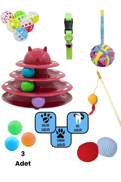 bite pet 9 ADET KEDİ OYUNCAĞI :3 KATLI KEDİ OYUNCAK+YUMAK TOP+NANELİ TOP+ZİLLİ TOP+OLTA+OYUN TOPU+TASMA ürün görseli 1