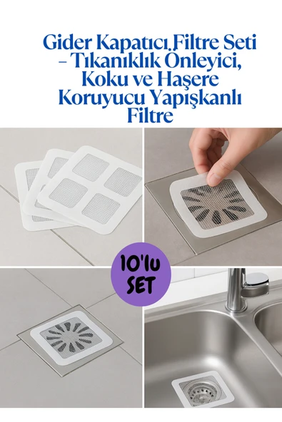 10’lu Gider Kapatıcı Filtre Seti – Tıkanıklık Önleyici, Koku ve Haşere Koruyucu Yapışkanlı Filtre ürün görseli 1