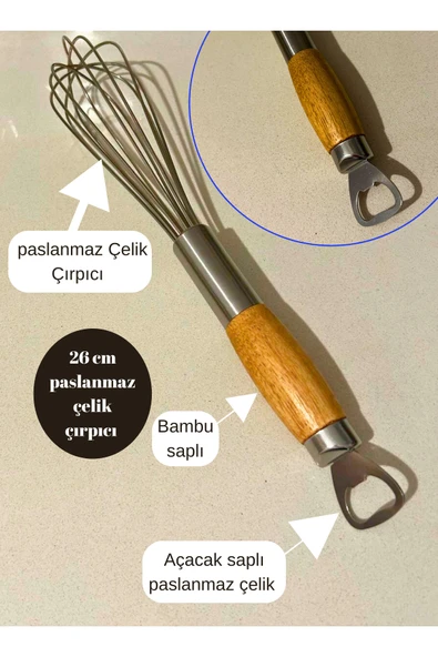 1 adet 26 cm bambu saplı açacak saplı ultra kalın telli çırpıcı, gazoz şişe açacak saplı ürün görseli 1