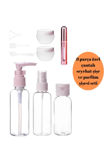 8 parça özel çantalı fermuarlı seyehat cantası doldurulabilir şişe ve parfüm şişesi seti ürün görseli 1