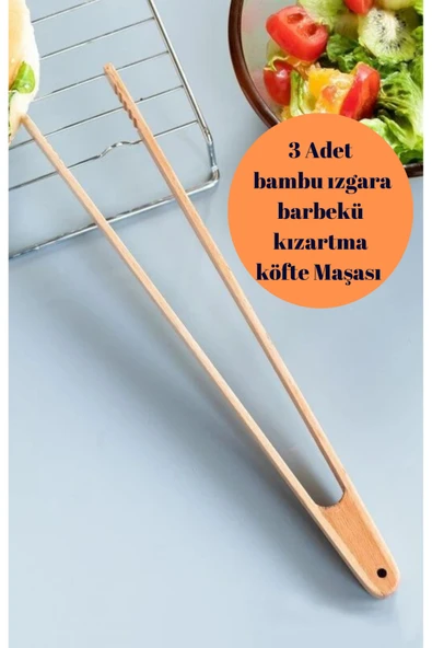 3 adet bambu ızgara barbekü köfte cımbız maşa seti ürün görseli 1