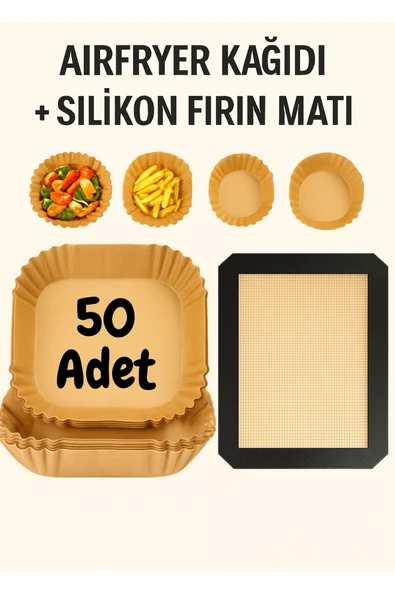 Airfryer Pişirme Kağıdı + Silikon Fırın Matı | Yapışmaz, Isıya Dayanıklı, Çoklu Kullanım | 50'li Set ürün görseli 1