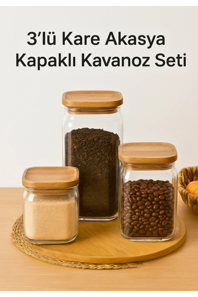 3'lü kare akasya vakum kapaklı erzak bakliyat kavanozu, çay şeker kahve kavanozu tezgah üstü ürün görseli 1