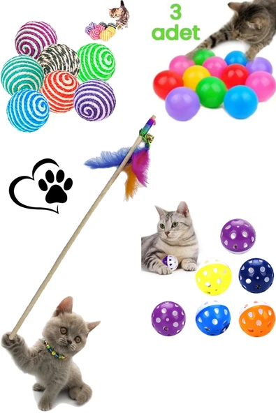 YİĞİTLERAVM 6'lı Kedi Oyun Seti : Kedi Oyun Oltası 50 Cm , 3'lü Oyun Topu , Kedi Sarma Top , Çıngıraklı Top ürün görseli 1