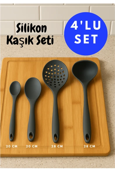 4'lü Silikon Kaşık Seti Servis Kepçe, Kevgir, pilav Tatlı Kaşığı Isıya Dayanıklı, Yanmaz Yapışmaz ürün görseli 1