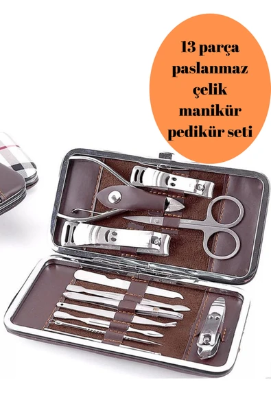 13 parça paslanmaz çelik manikür pedikür seti, deri çantalı, seyehat seti ürün görseli 1