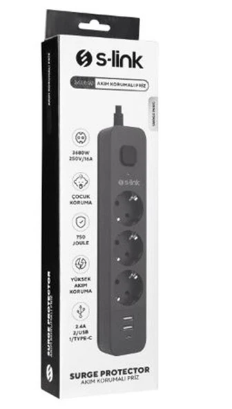 S-link SPG03U  5V2.4A 1.5m 3x1.00mm 100 yüzde  Bakır 750 Joule 3 lü Anahtarlı Akım Korumalı Siyah Priz ürün görseli 1
